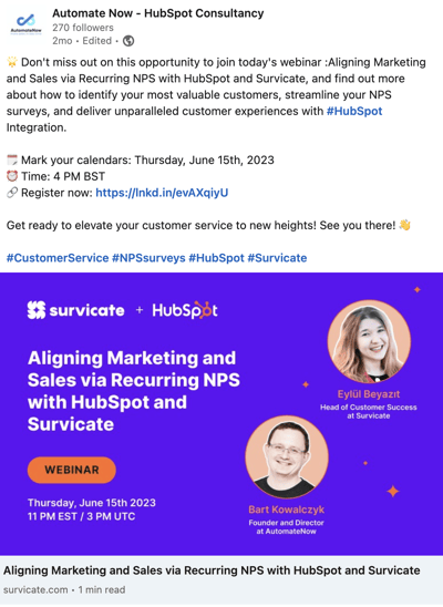 AutomateNow Linkedin Post about HubSpot Integration with Survicate